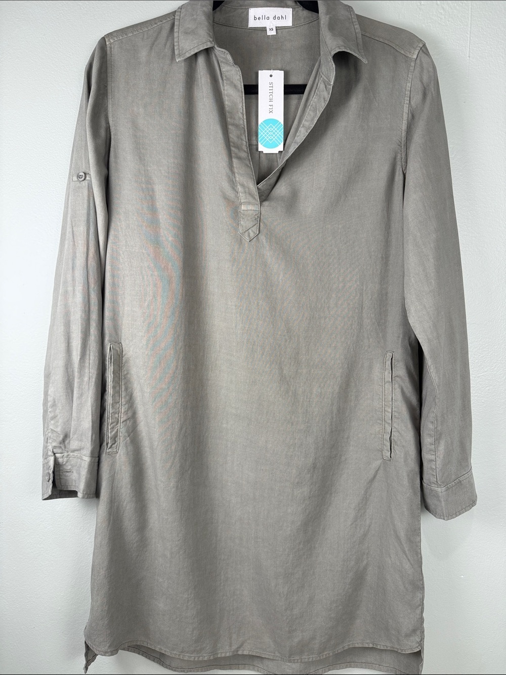 Bella Dahl Hilda 🫒 Green Popover Shirt Dress Safari Utility Style with Pockets